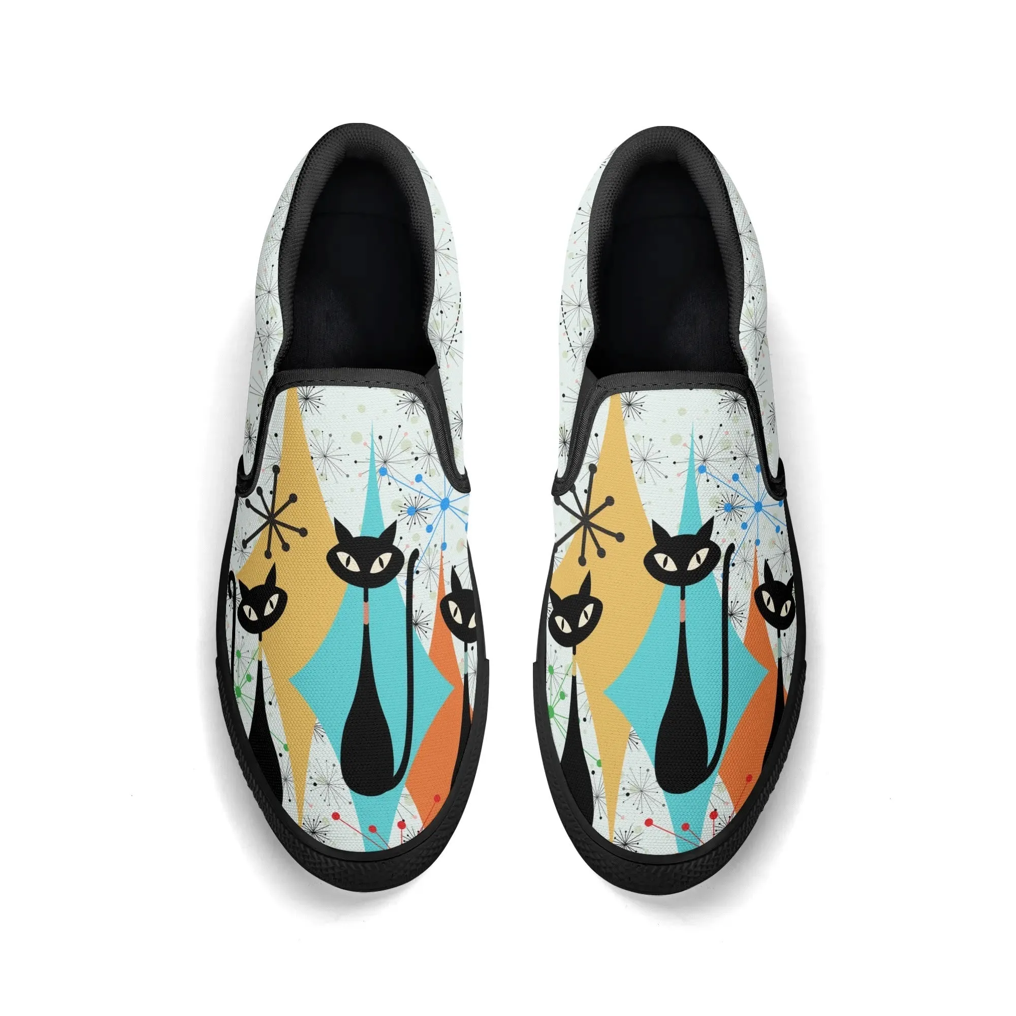 Atomic Kitschy Cat Retro Womens Slip-On Shoes, Mid Century Modern Starburst Sneakers, MCM Casual Footwear