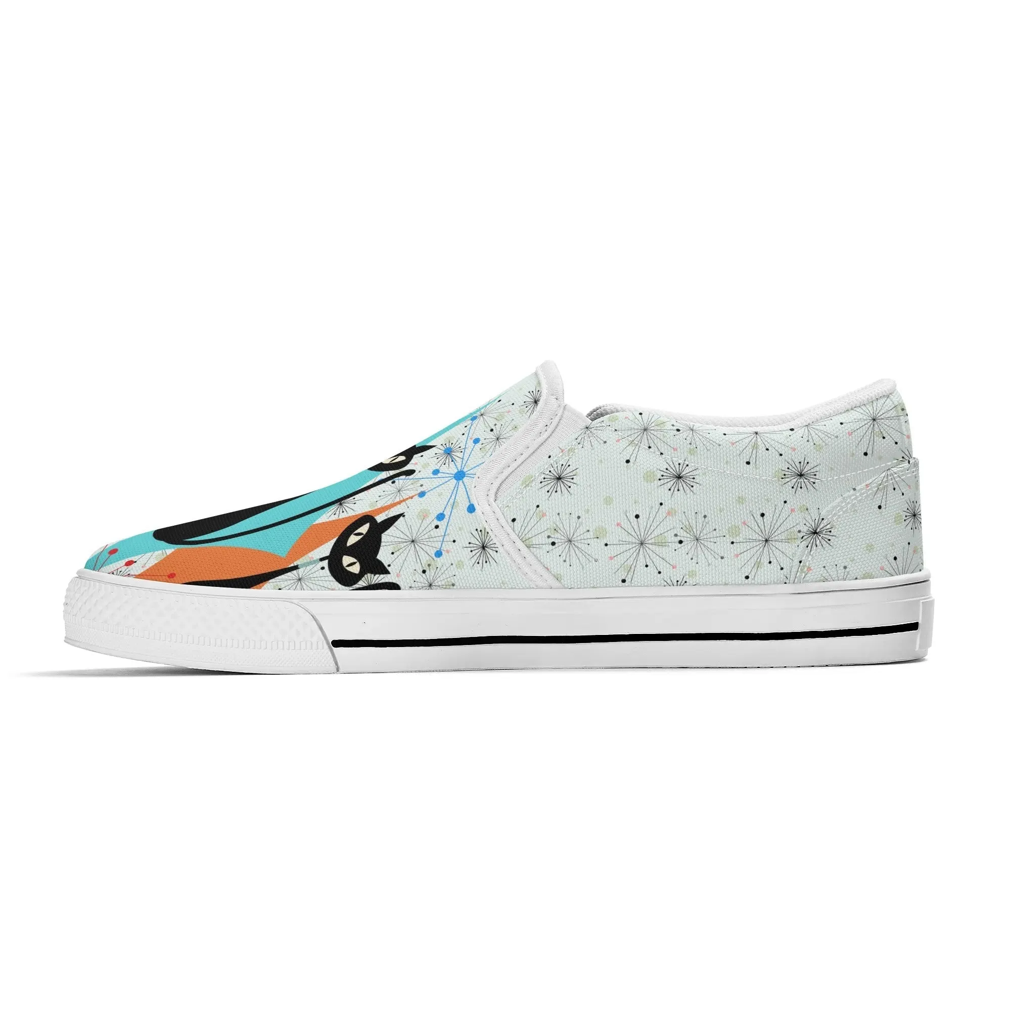 Atomic Kitschy Cat Retro Womens Slip-On Shoes, Mid Century Modern Starburst Sneakers, MCM Casual Footwear