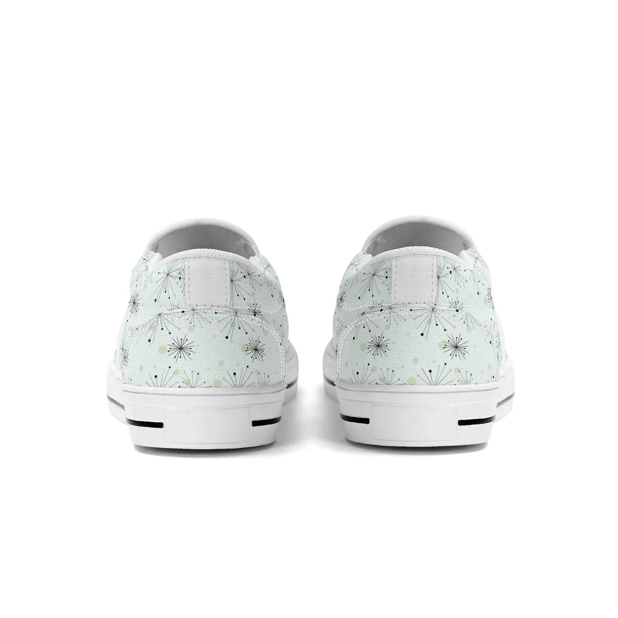 Atomic Kitschy Cat Retro Womens Slip-On Shoes, Mid Century Modern Starburst Sneakers, MCM Casual Footwear