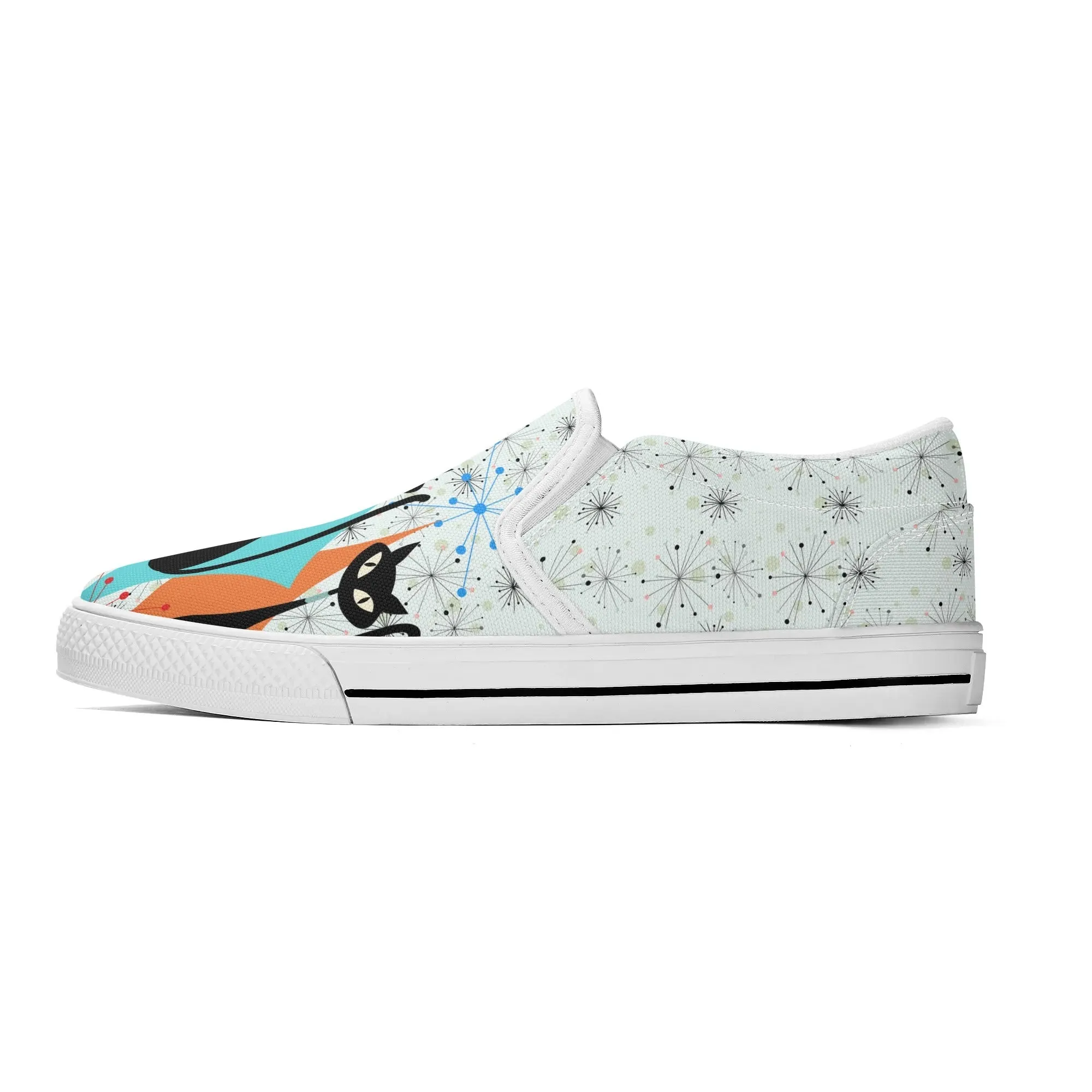 Atomic Kitschy Cat Retro Womens Slip-On Shoes, Mid Century Modern Starburst Sneakers, MCM Casual Footwear