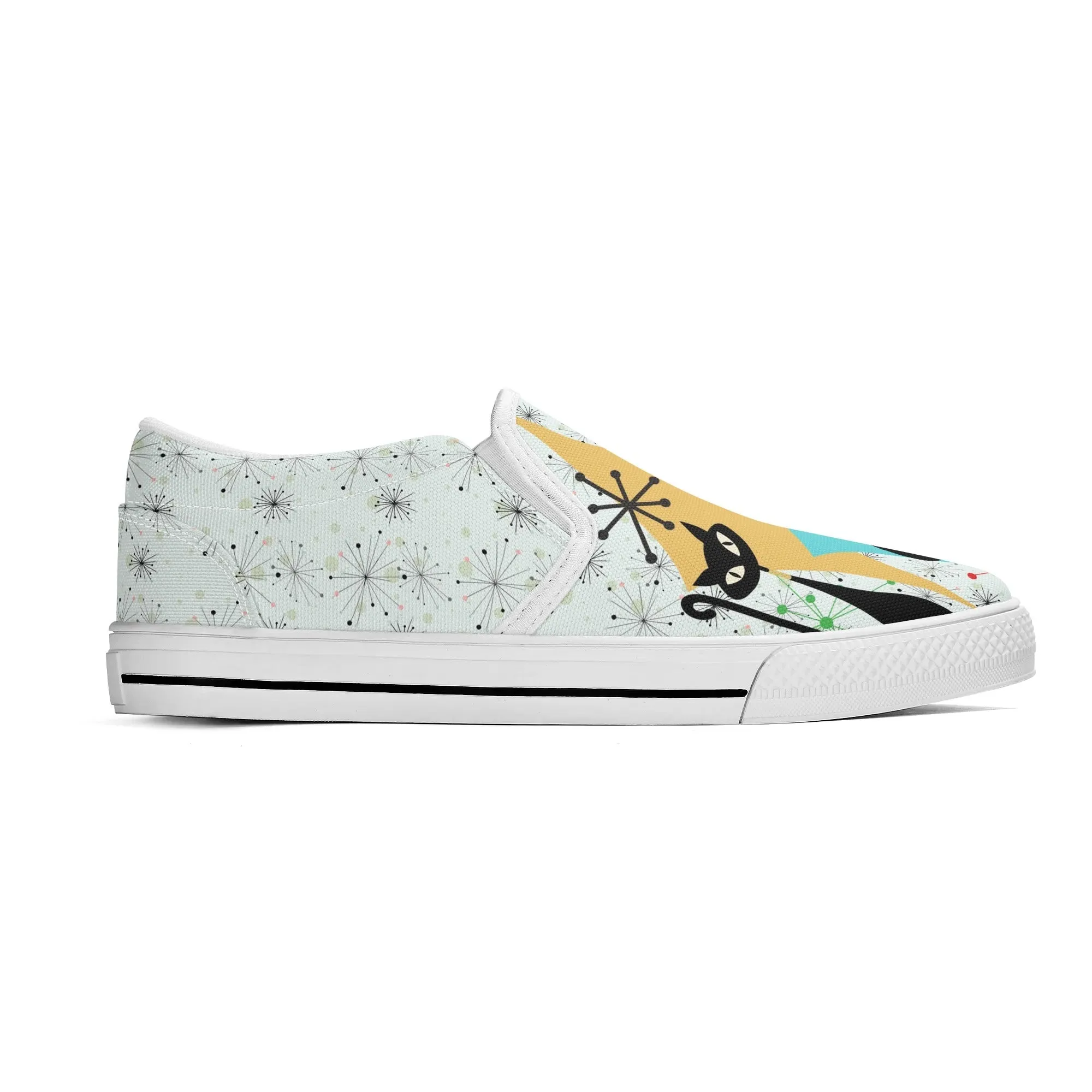 Atomic Kitschy Cat Retro Womens Slip-On Shoes, Mid Century Modern Starburst Sneakers, MCM Casual Footwear