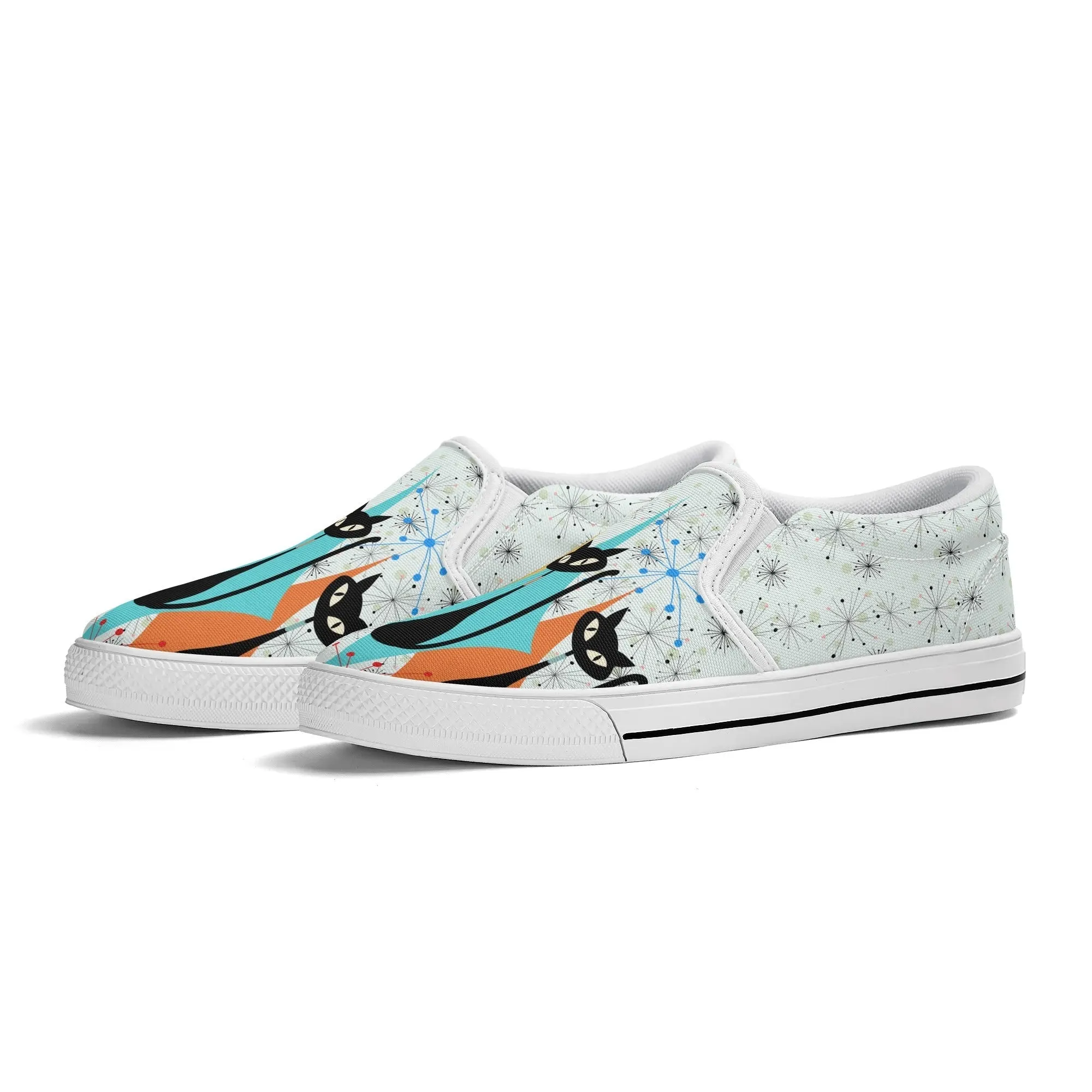Atomic Kitschy Cat Retro Womens Slip-On Shoes, Mid Century Modern Starburst Sneakers, MCM Casual Footwear