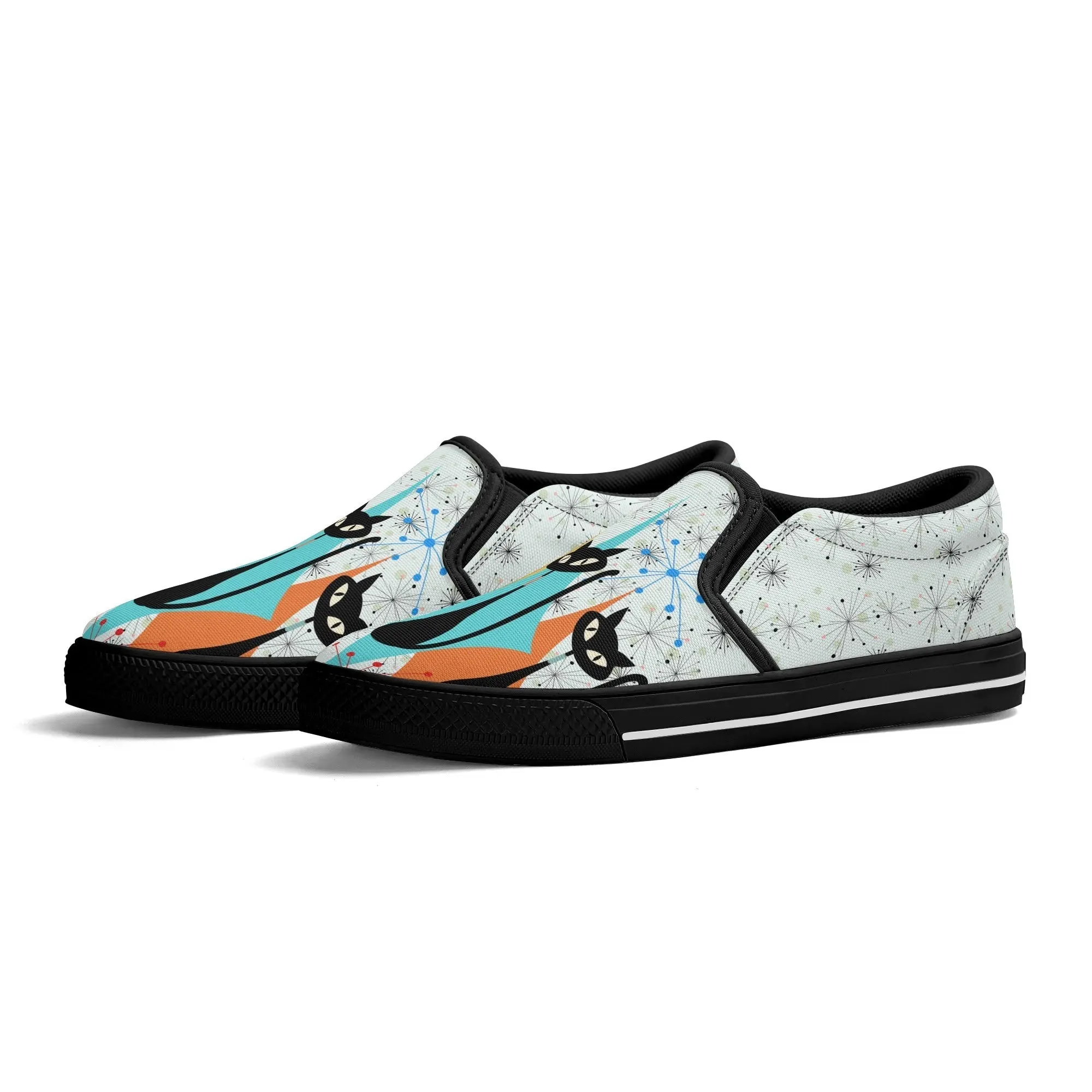Atomic Kitschy Cat Retro Womens Slip-On Shoes, Mid Century Modern Starburst Sneakers, MCM Casual Footwear