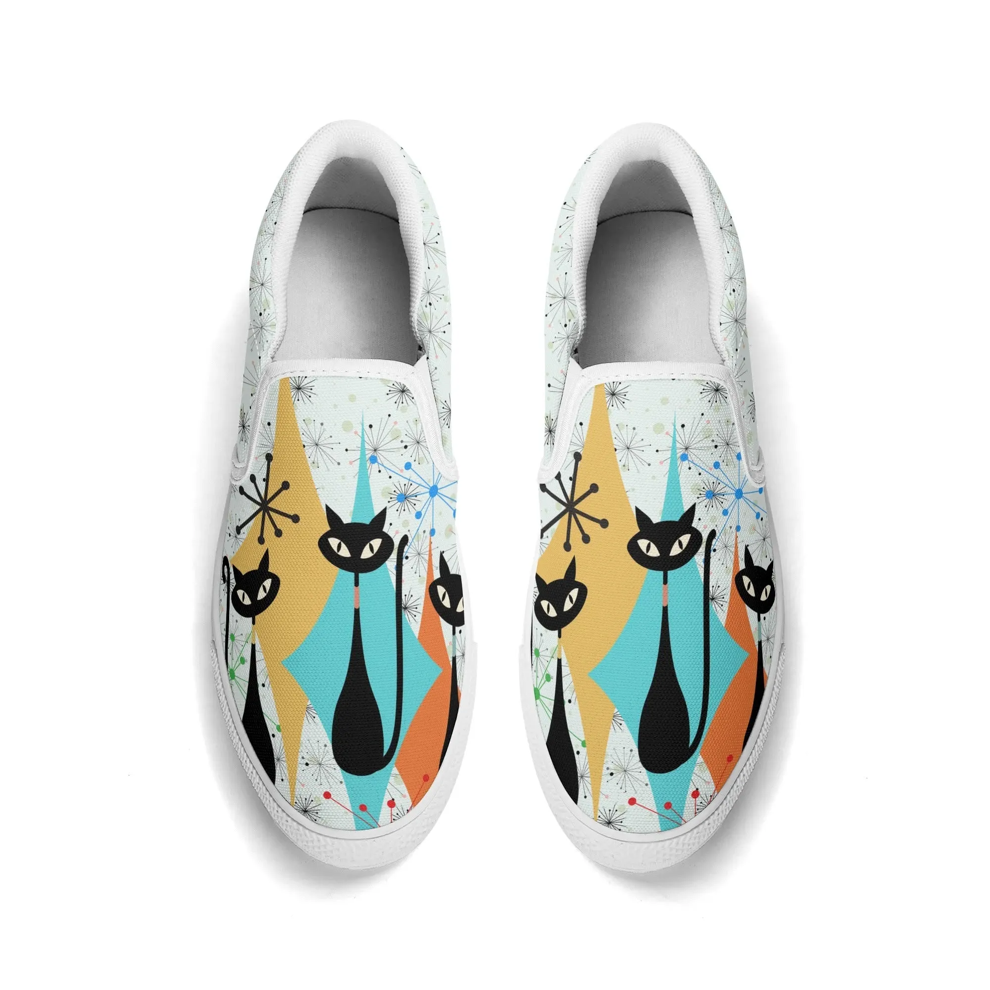 Atomic Kitschy Cat Retro Womens Slip-On Shoes, Mid Century Modern Starburst Sneakers, MCM Casual Footwear