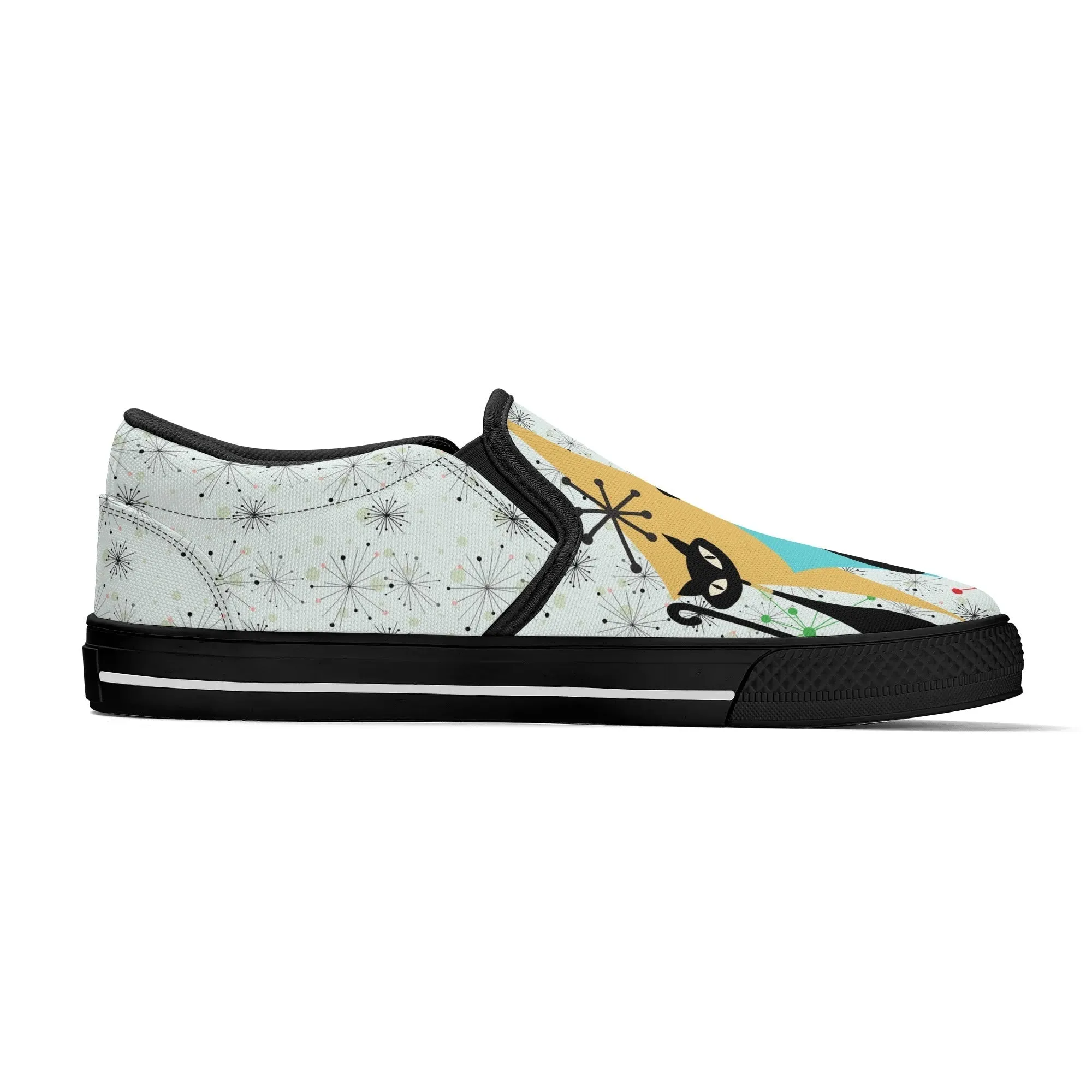 Atomic Kitschy Cat Retro Womens Slip-On Shoes, Mid Century Modern Starburst Sneakers, MCM Casual Footwear