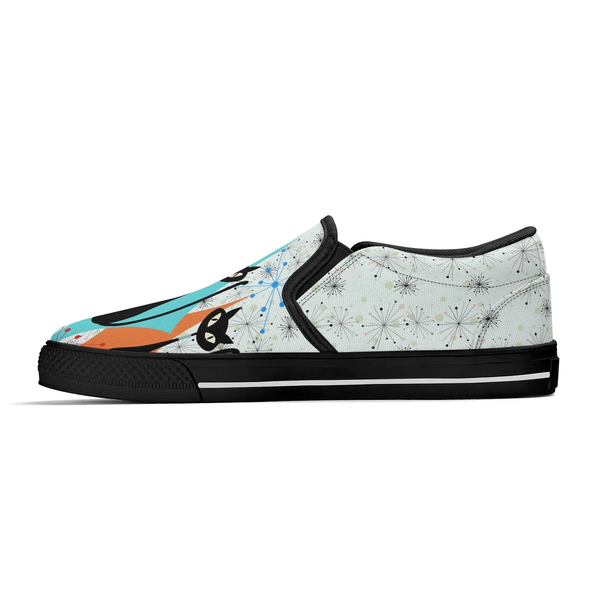 Atomic Kitschy Cat Retro Womens Slip-On Shoes, Mid Century Modern Starburst Sneakers, MCM Casual Footwear