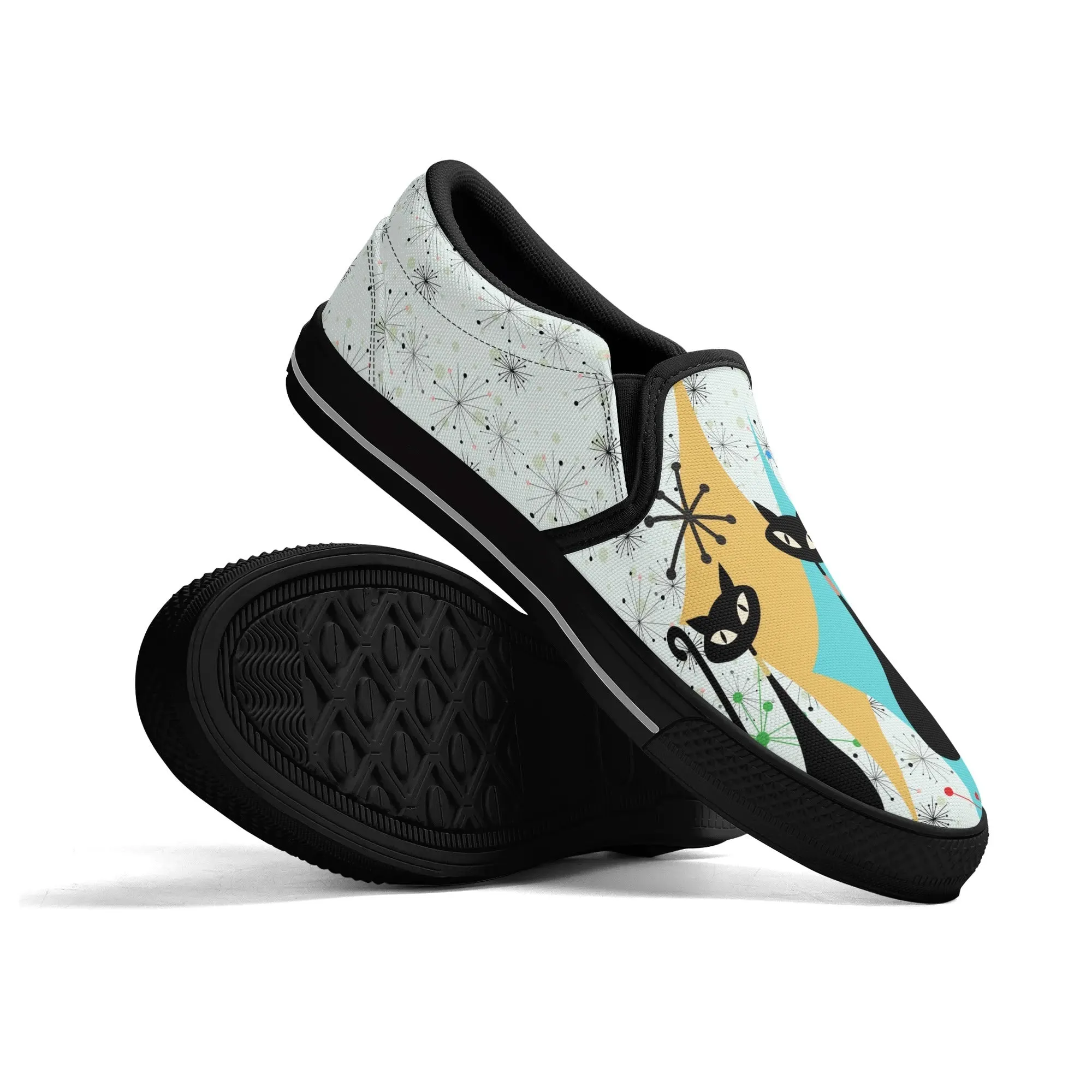 Atomic Kitschy Cat Retro Womens Slip-On Shoes, Mid Century Modern Starburst Sneakers, MCM Casual Footwear