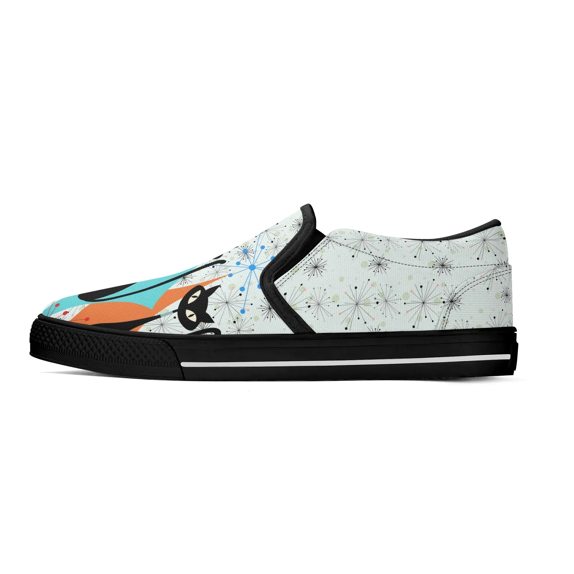 Atomic Kitschy Cat Retro Womens Slip-On Shoes, Mid Century Modern Starburst Sneakers, MCM Casual Footwear