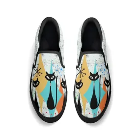 Atomic Kitschy Cat Retro Womens Slip-On Shoes, Mid Century Modern Starburst Sneakers, MCM Casual Footwear