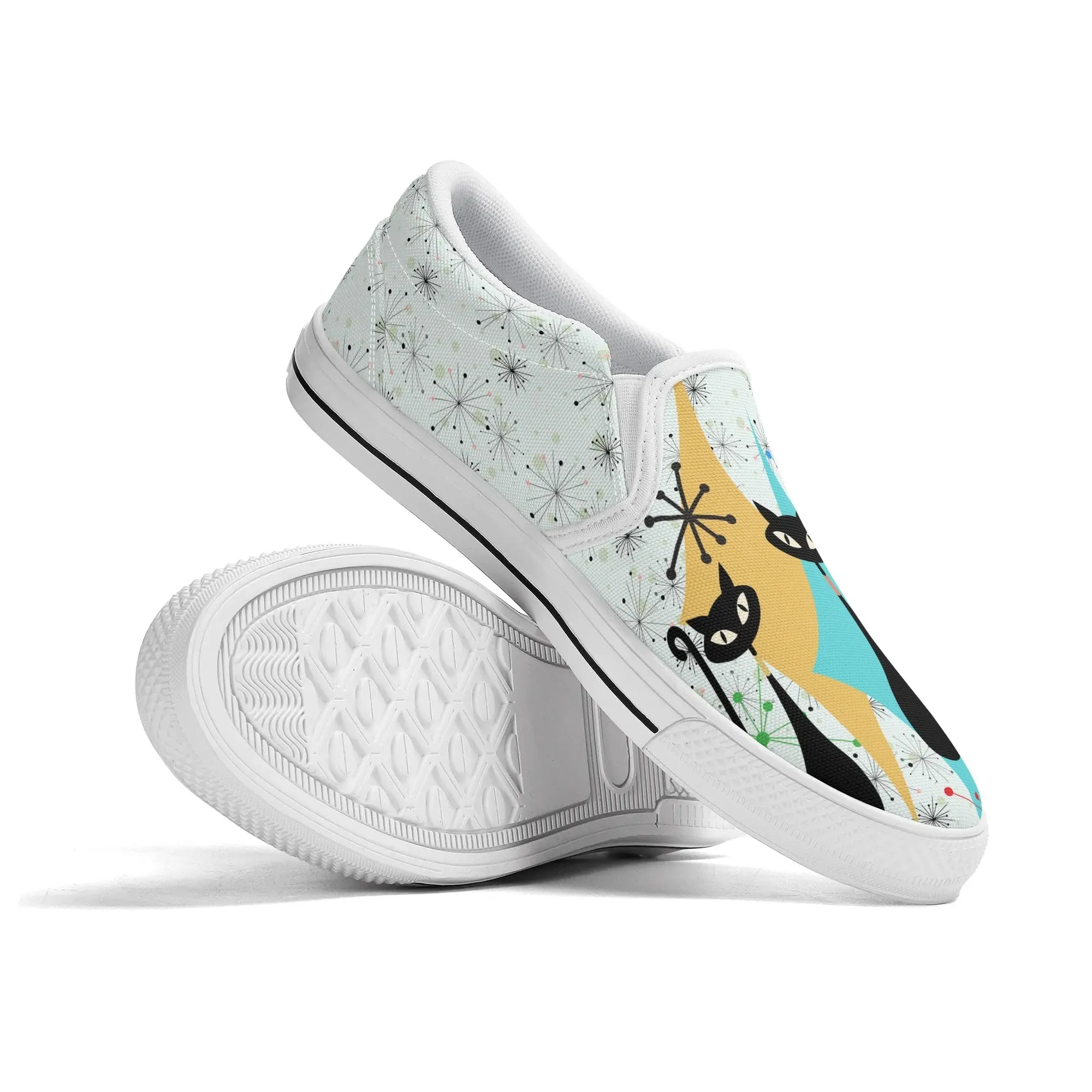 Atomic Kitschy Cat Retro Womens Slip-On Shoes, Mid Century Modern Starburst Sneakers, MCM Casual Footwear