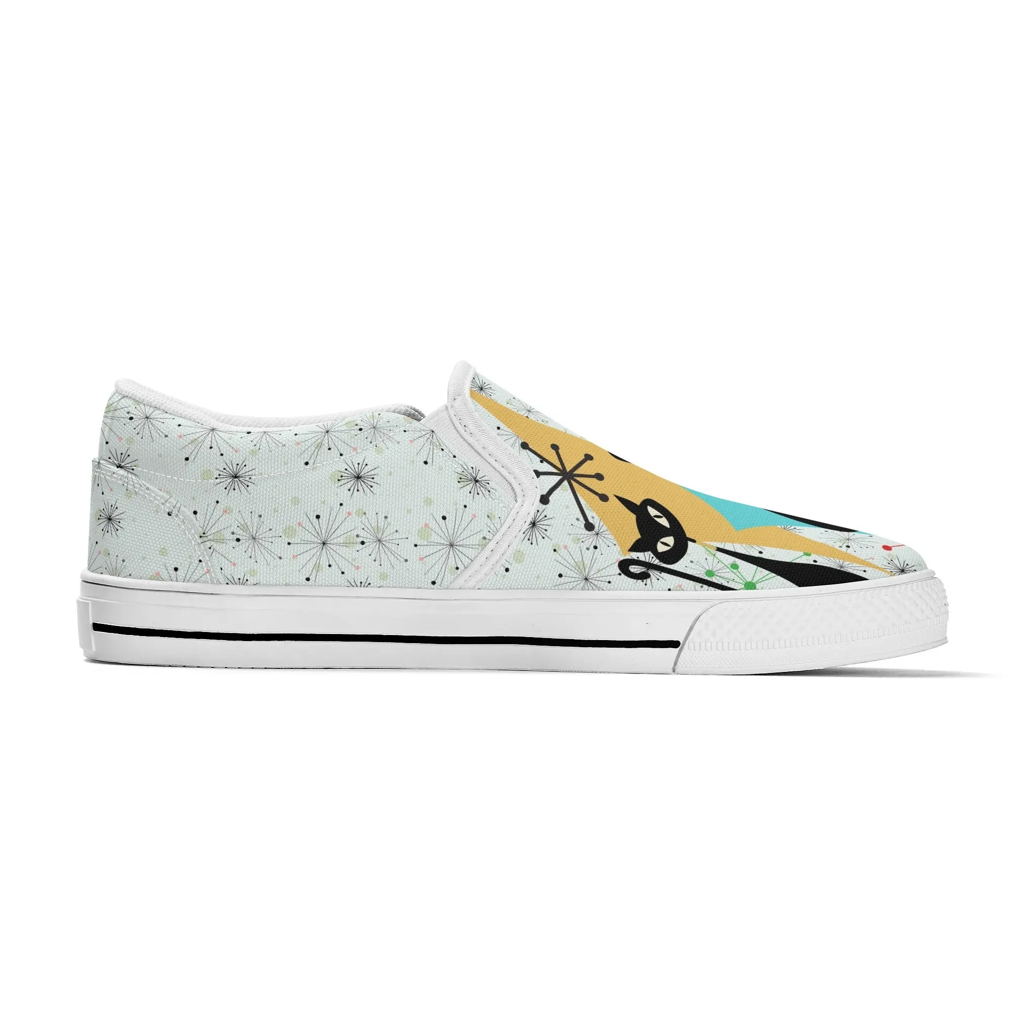 Atomic Kitschy Cat Retro Womens Slip-On Shoes, Mid Century Modern Starburst Sneakers, MCM Casual Footwear