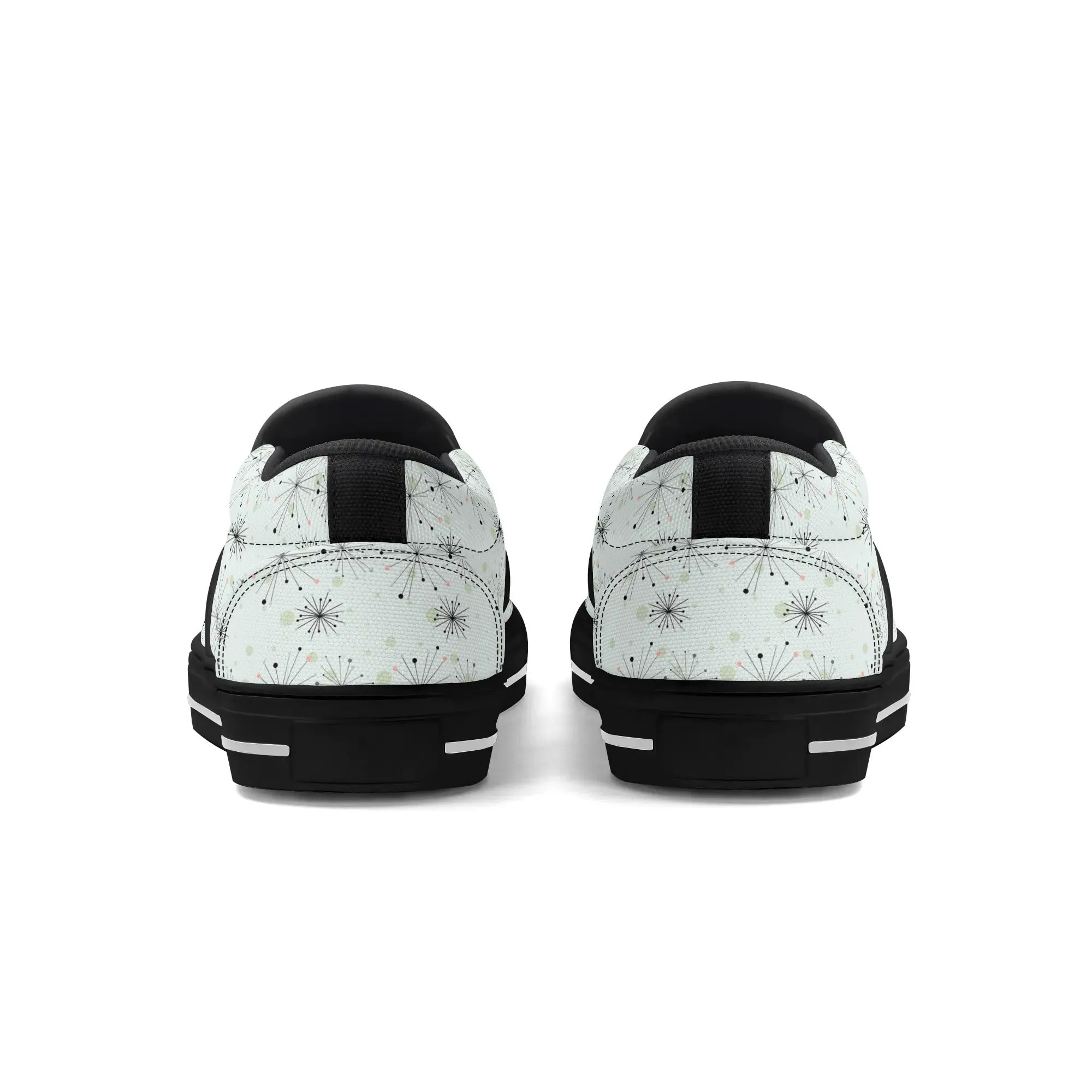 Atomic Kitschy Cat Retro Womens Slip-On Shoes, Mid Century Modern Starburst Sneakers, MCM Casual Footwear