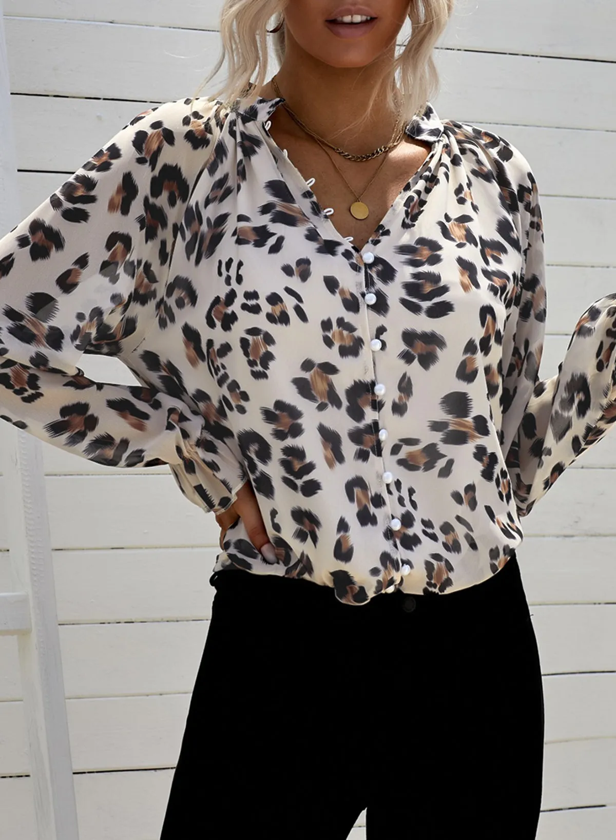 'Bernice' Leopard Button Down Ruched Flounce Sleeve Top