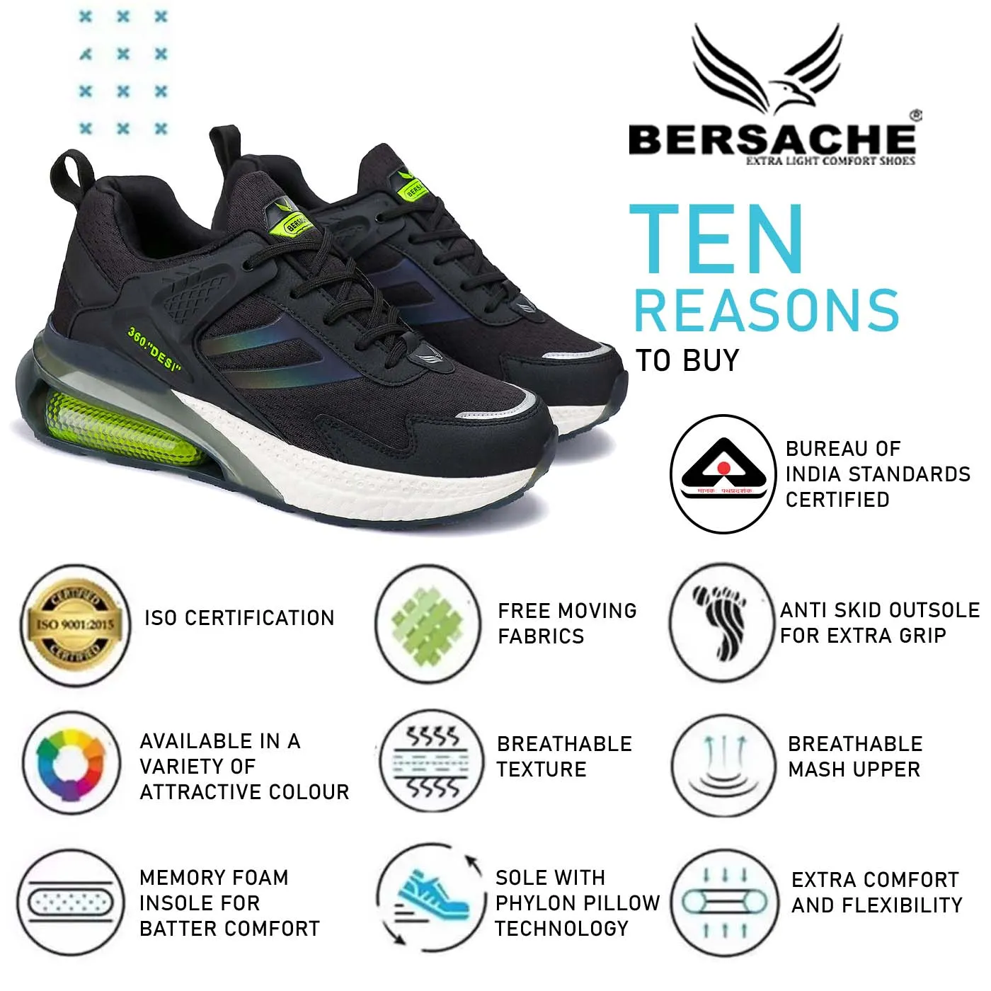 Bersache Lightweight Casual Sneaker Loafer Walking Shoes For Men(9076-Black-Green)