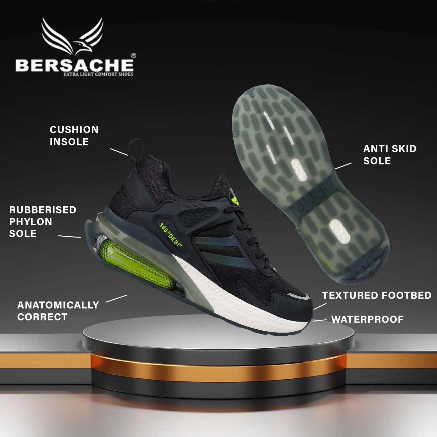 Bersache Lightweight Casual Sneaker Loafer Walking Shoes For Men(9076-Black-Green)