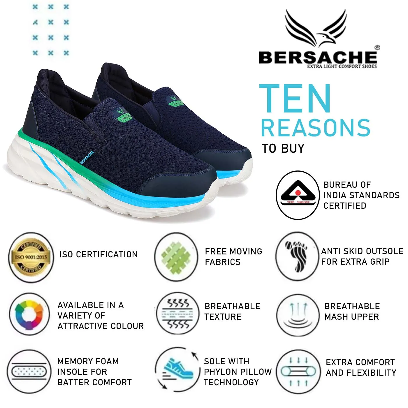 Bersache Lightweight Casual Sneaker Loafer Walking Shoes For Men(9082-Blue)