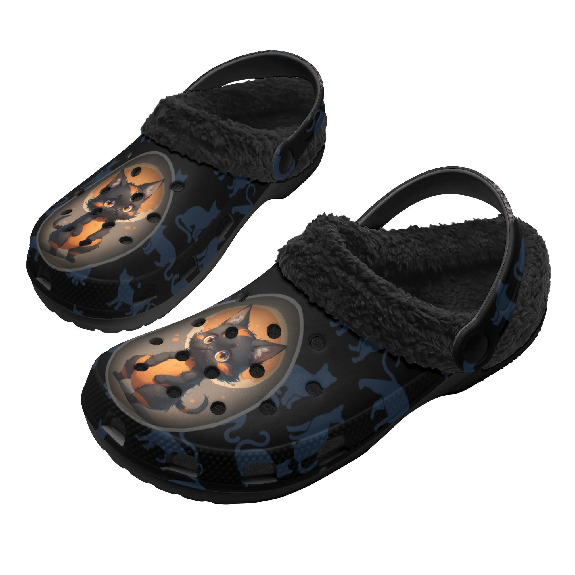 Black Cat Chaos Adults Black Winter Fur Lined house shoes