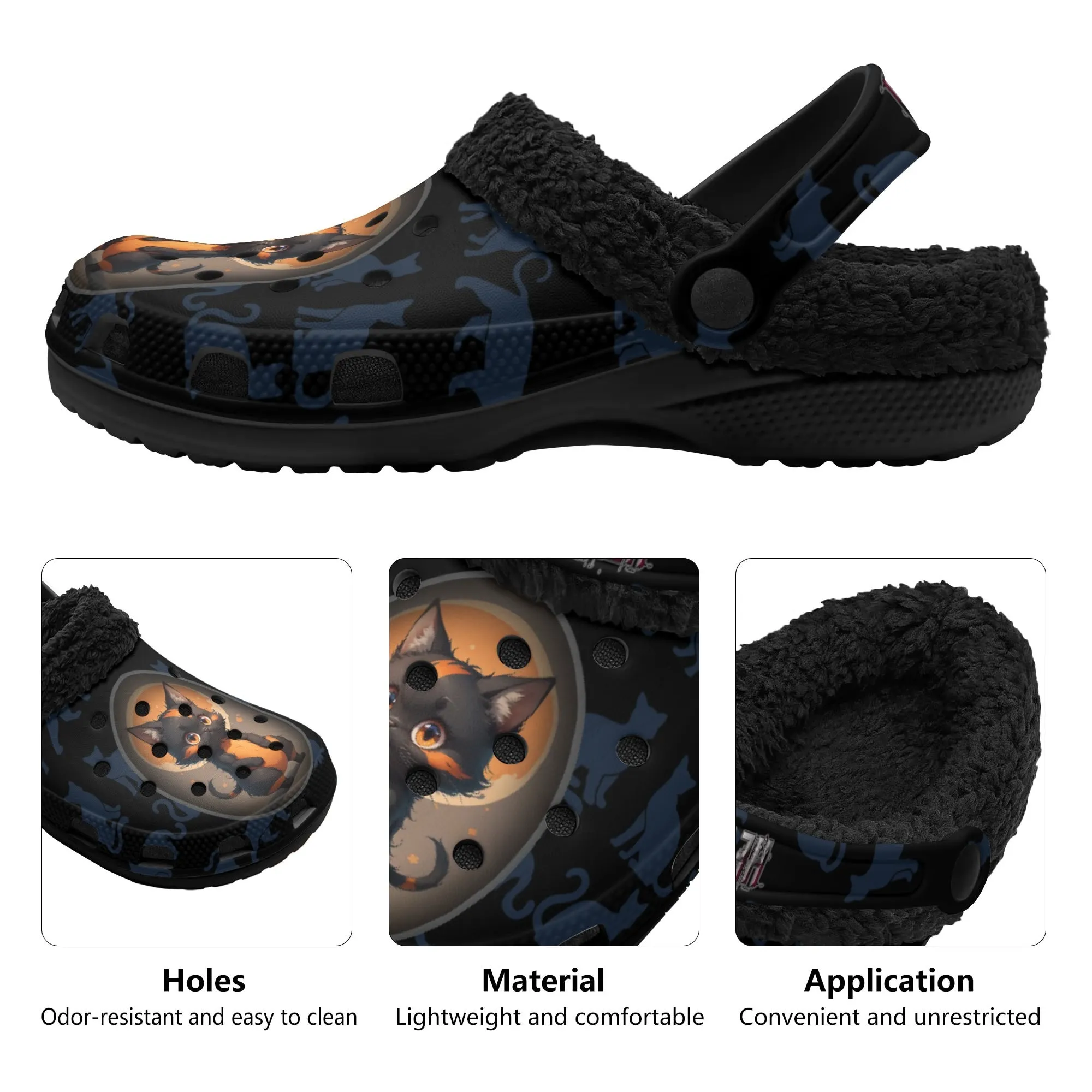 Black Cat Chaos Adults Black Winter Fur Lined house shoes