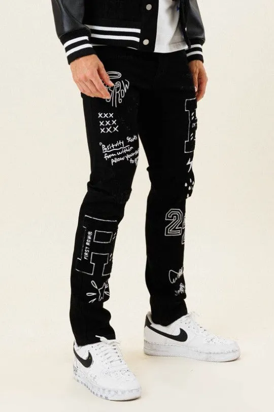 Black Multi Patch Slim Fit Denim Jeans