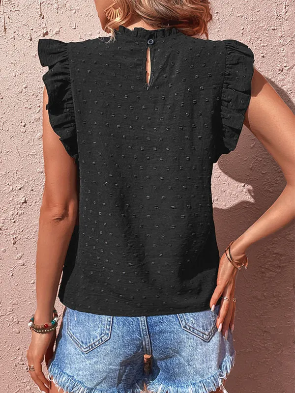 Chic Dotted Delight: Women's Blouse with Mock Neck & Guipure Lace Inlay