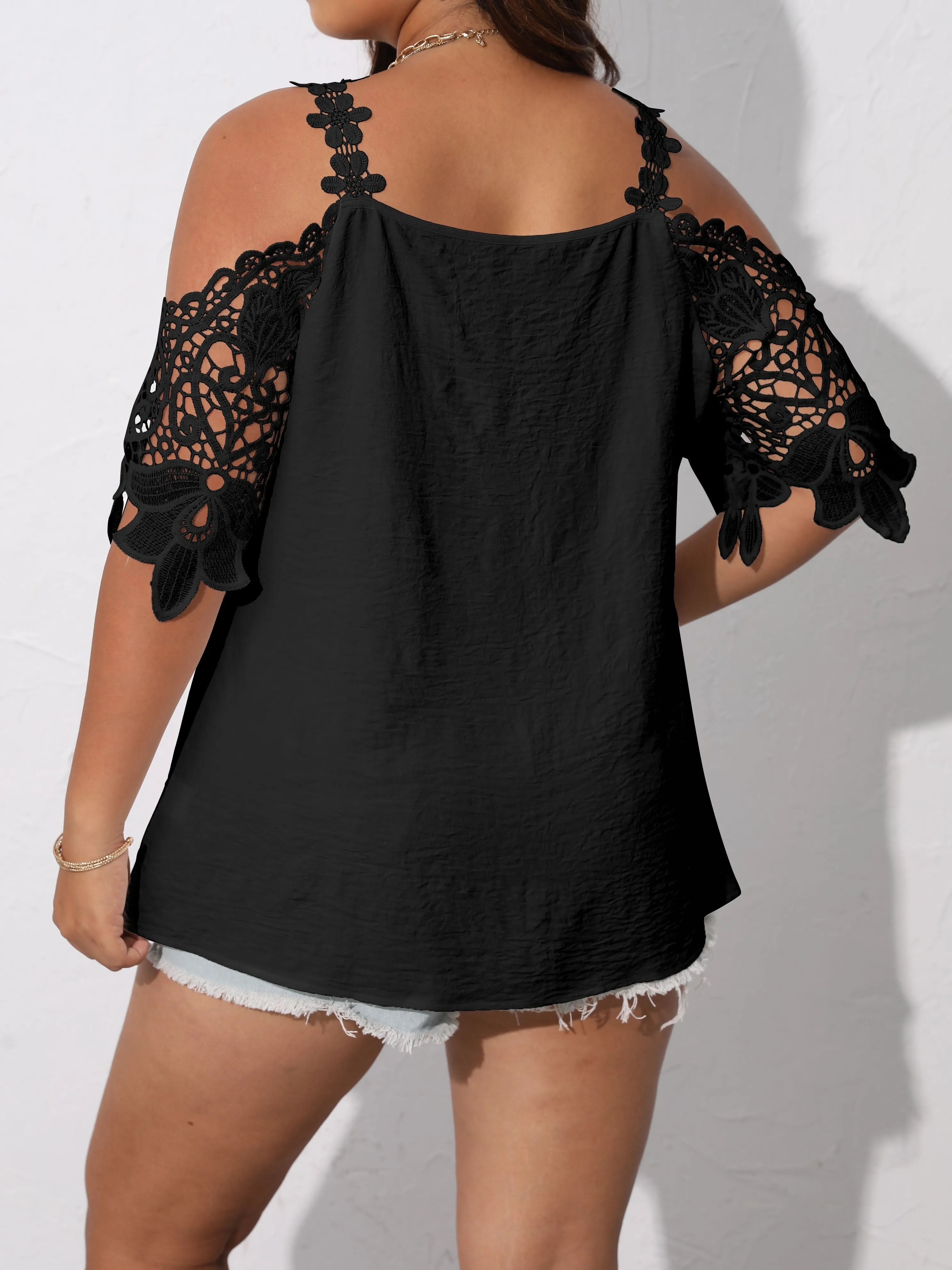 Chic Plus Size Floral Cold Shoulder Top - Semi Sheer Blouse with Short Sleeves for Elegant Evenings