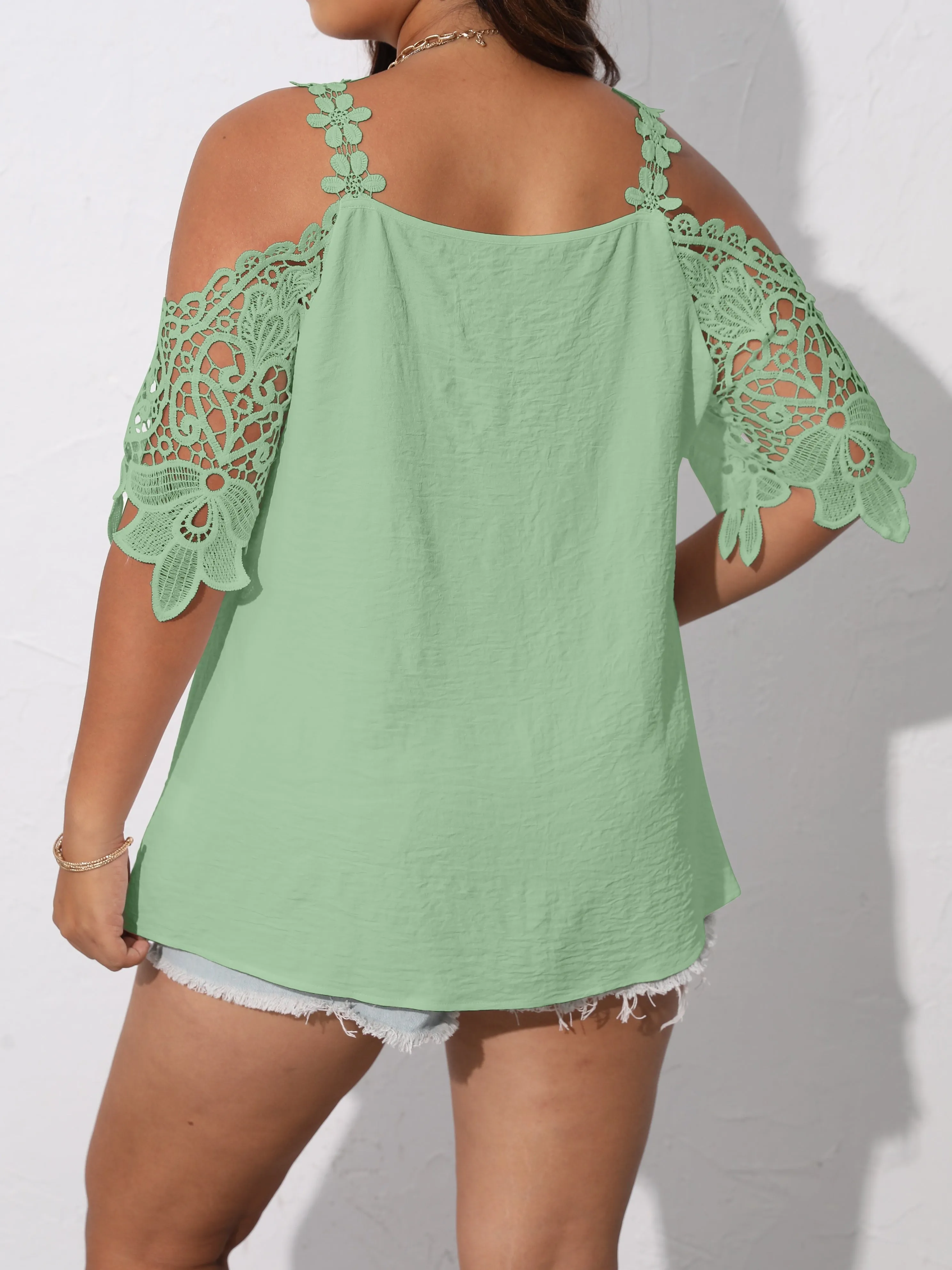 Chic Plus Size Floral Cold Shoulder Top - Semi Sheer Blouse with Short Sleeves for Elegant Evenings