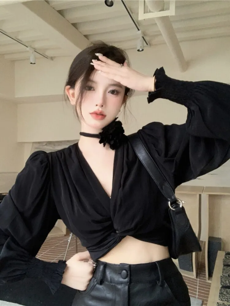 deanwangkt Temperament Tops Female V-neck Puff Sleeve Floral Blouse for Women Cropped Top  Blusas Mujer De Moda Chic Sexy Shirts 27m412
