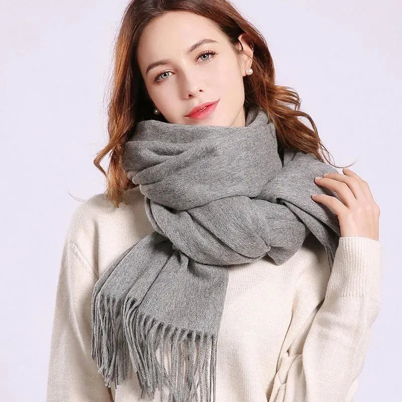 Elegant Beige Wool Scarf with Trendy Tassels - A Must-Have Accessory for Stylish Women