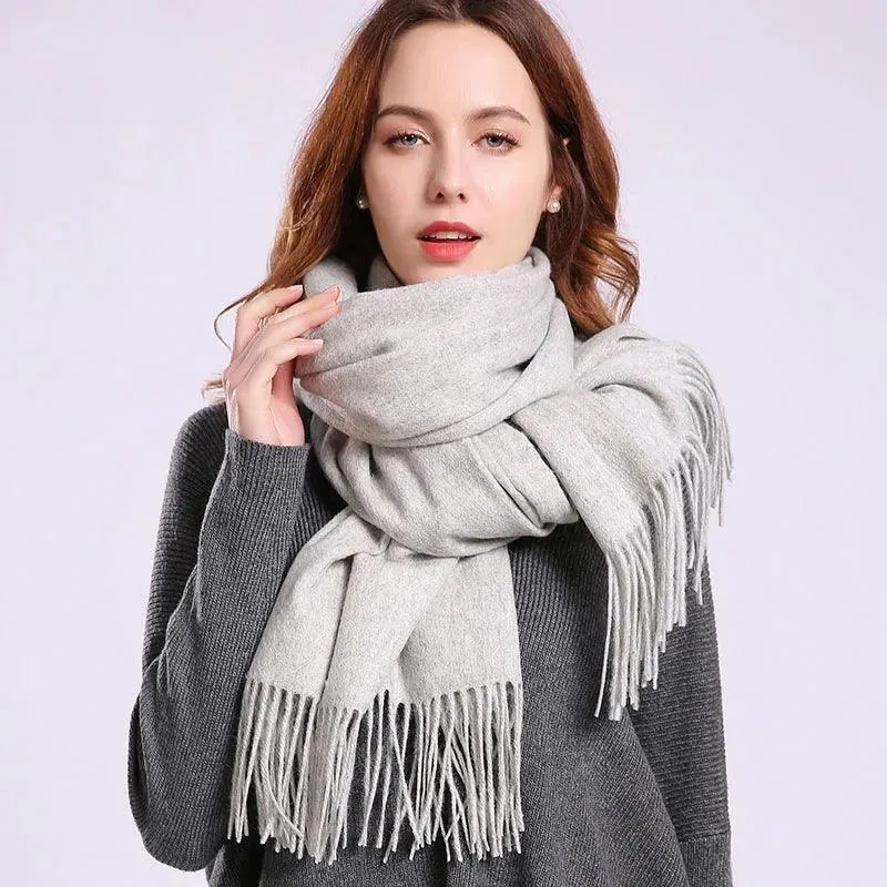 Elegant Beige Wool Scarf with Trendy Tassels - A Must-Have Accessory for Stylish Women