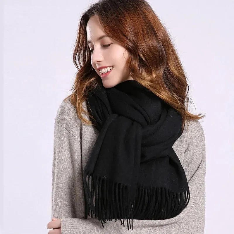 Elegant Beige Wool Scarf with Trendy Tassels - A Must-Have Accessory for Stylish Women