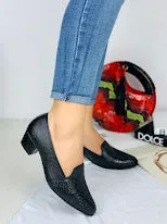 Elegant Black Faux Leather Slip-On Pumps with Classy Pattern Patch | Deminis Atelier