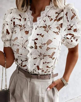 Eyelash Guipure Lace Cutout Puff Sleeve Top