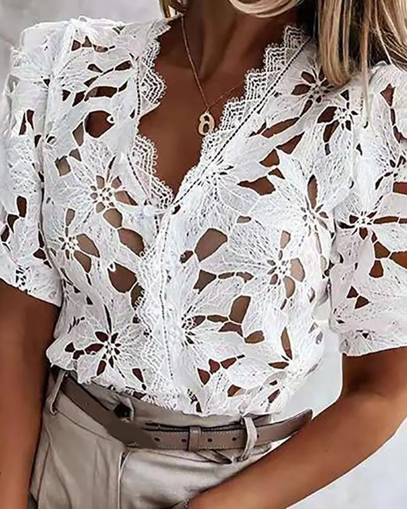 Eyelash Guipure Lace Cutout Puff Sleeve Top