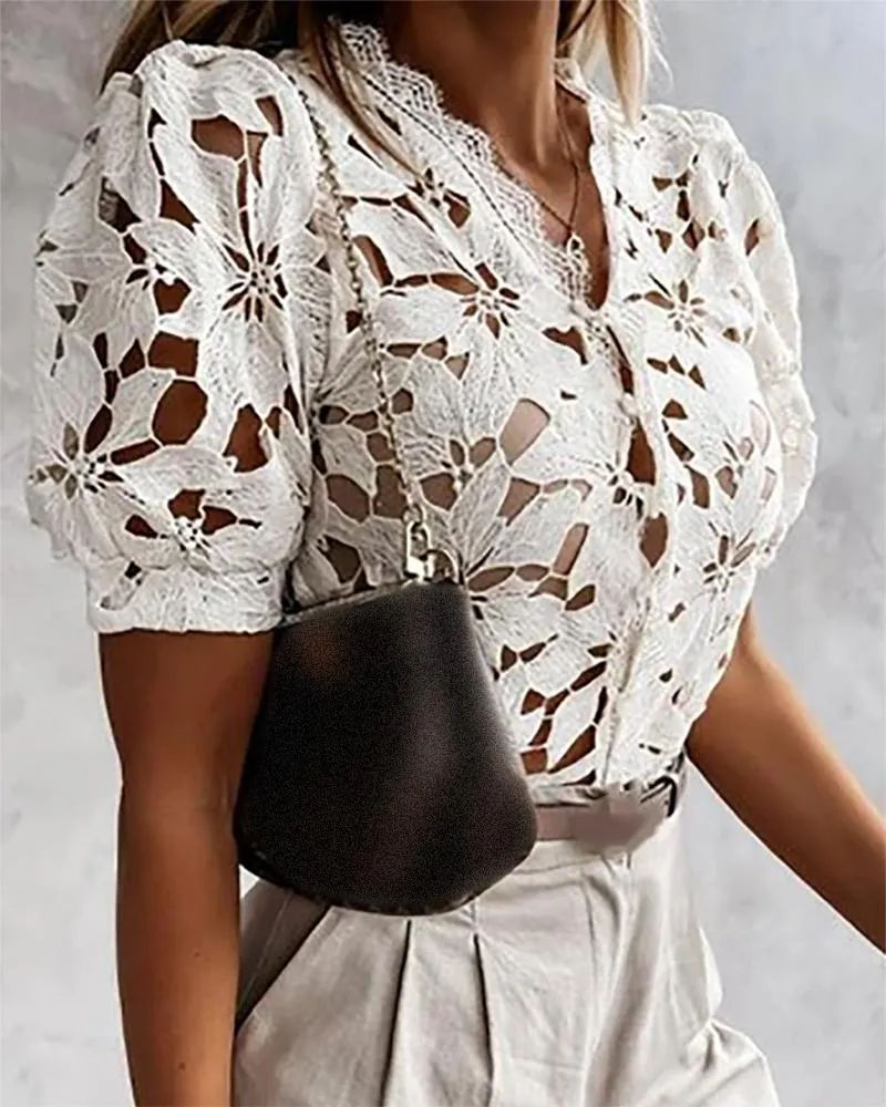Eyelash Guipure Lace Cutout Puff Sleeve Top