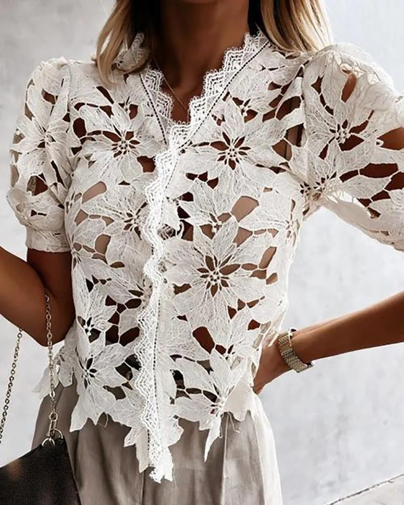 Eyelash Guipure Lace Cutout Puff Sleeve Top