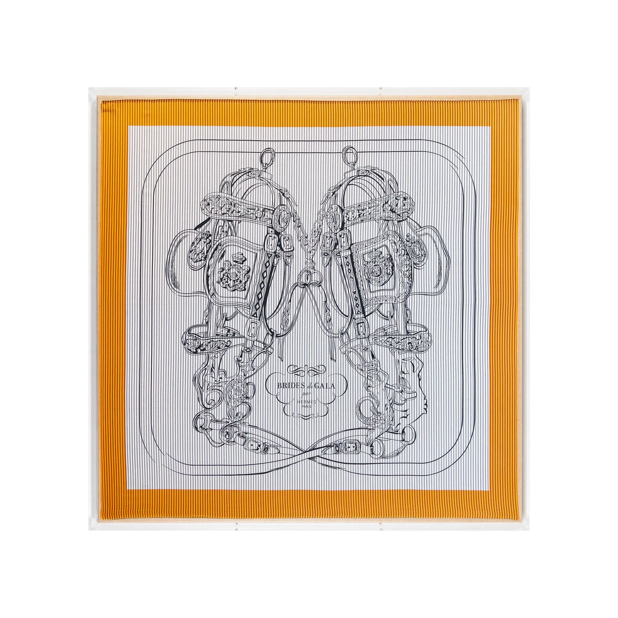 Framed Hermès Brides De Gala Ceremonial Bridle Orange Gray Silk Scarf in a 36x36x2 Shadowbox