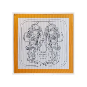 Framed Hermès Brides De Gala Ceremonial Bridle Orange Gray Silk Scarf in a 36x36x2 Shadowbox