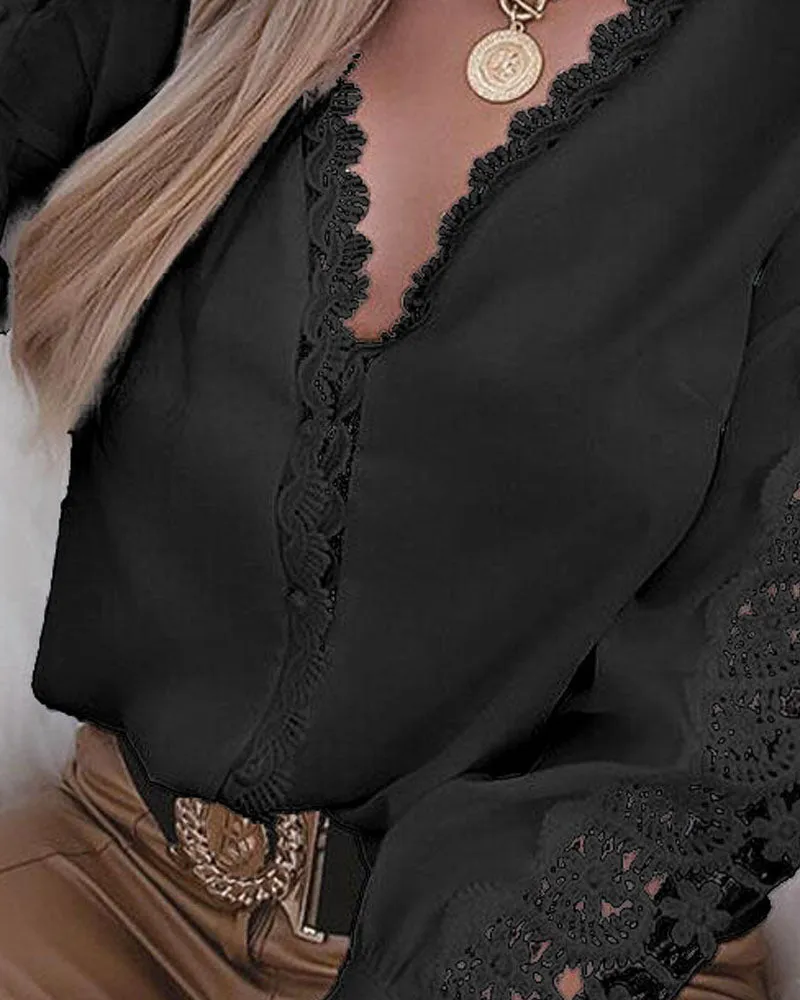 Guipure Lace Patch Long Sleeve Button Front Top