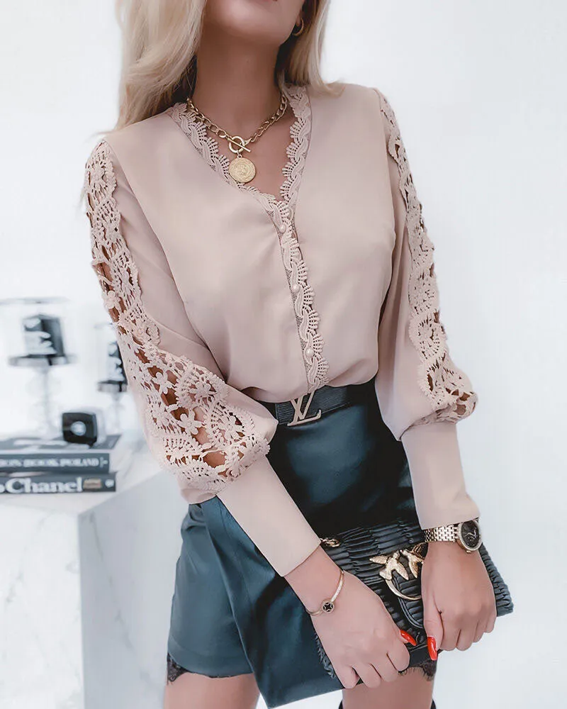 Guipure Lace Patch Long Sleeve Button Front Top