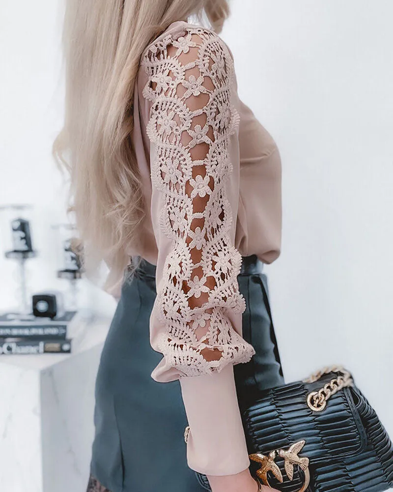 Guipure Lace Patch Long Sleeve Button Front Top
