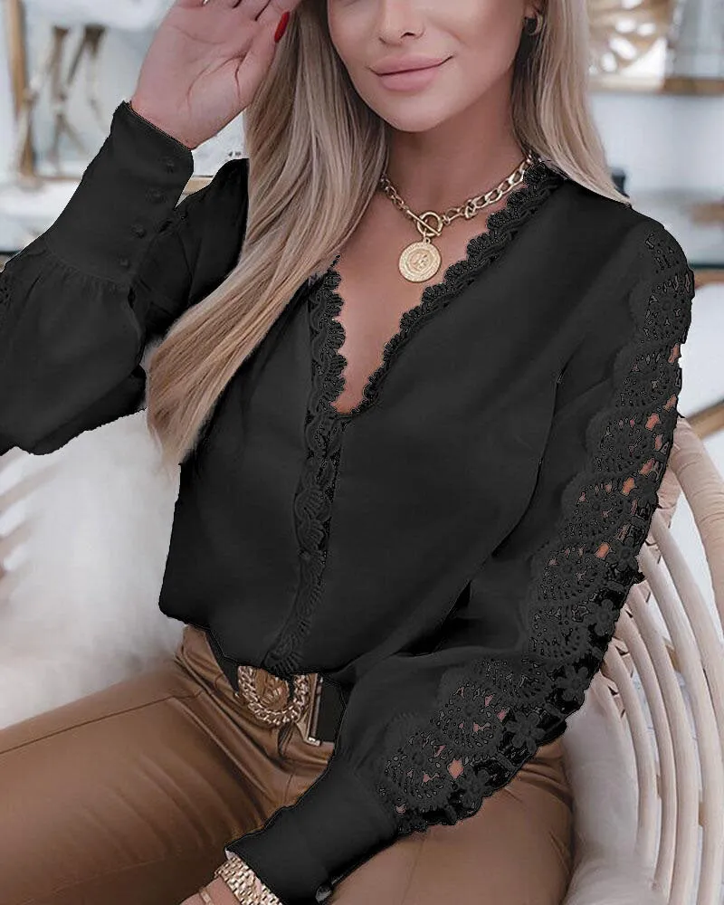 Guipure Lace Patch Long Sleeve Button Front Top