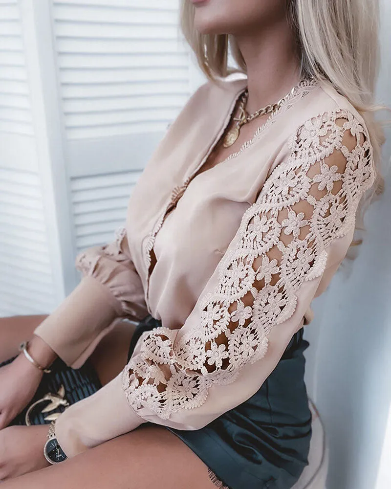 Guipure Lace Patch Long Sleeve Button Front Top