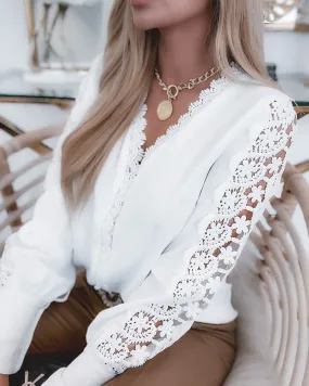 Guipure Lace Patch Long Sleeve Button Front Top