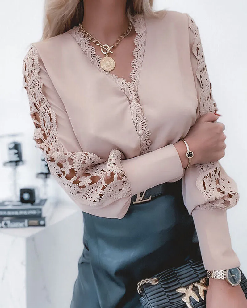 Guipure Lace Patch Long Sleeve Button Front Top