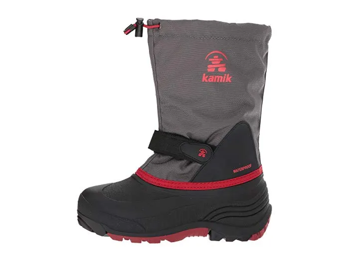 Kamik Kids' Waterbug5 Charcoal Red Rounded Toe Waterproof Pull On Snow Boots