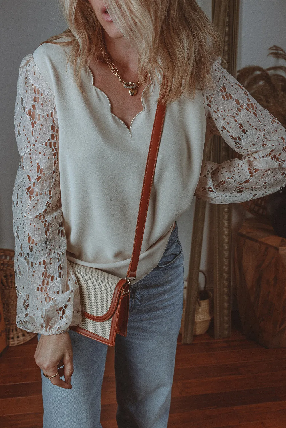 Lace Hollowed Lantern Sleeve Blouse