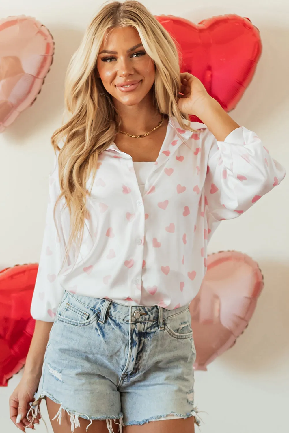 Love Heart Drop Shoulder Puff Sleeve Shirt