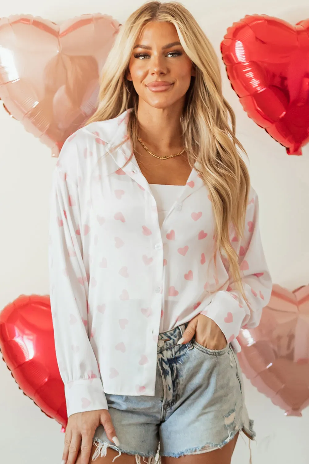 Love Heart Drop Shoulder Puff Sleeve Shirt
