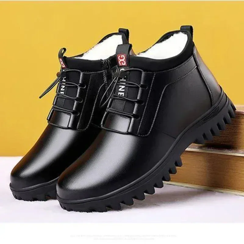 Men's Winter Leather Boots – Plush Warm Anti-Slip Casual Snow Boots, Stylish Outdoor Business Cotton Shoes