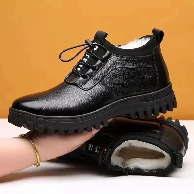 Men's Winter Leather Boots – Plush Warm Anti-Slip Casual Snow Boots, Stylish Outdoor Business Cotton Shoes